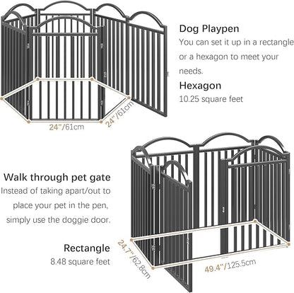 BHG Metal No-Assembly Freestanding Dog Gate with Door Walk Through, Extra Wide 144", Extra Tall 32" Pet Gate, Accordion Puppy Folding Playpen Dog Fence for Indoor &amp; Outdoor, with 2PCS Support - Black