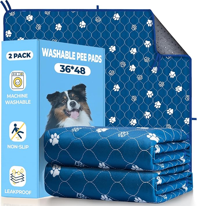 Fostanfly Washable Pee Pads for Dogs, 2 Pack Large 36"x48" Ultra-Absorbent and Leak-Proof Non-Slip Reusable Potty Training Pads for Dogs, Puppy &amp; Cats of Add 8 Lanyards-Blue