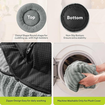 MIXJOY Calming Dog Bed Medium Size, Donut Dog Beds Medium Sized Dogs, Fluffy Plush Faux Fur Round Dog Cat Cuddler with Removable Washable Cover, 30"x30"x8", Grey