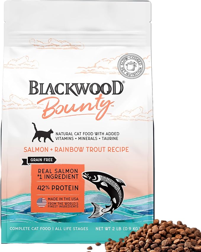 Blackwood Bounty Dry Cat Food, Salmon &amp; Rainbow Trout Recipe for All Life Stages, 2 Pound Bag, High Protein, Grain Free