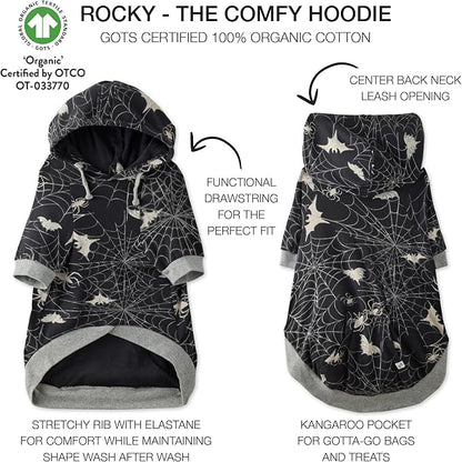 Rocky – The Orginal Lightweight Hooded TEE 100% Organic Cotton Dog Hoodie Pet Coat Sweater for Small, Medium, Large Dogs, Batty Black, X-Small