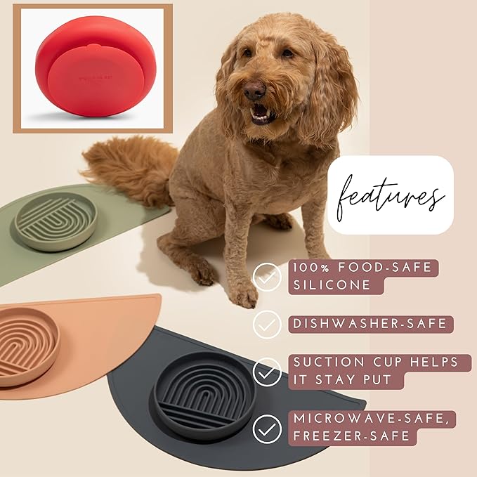 The Slowdown Bowl Silicone Slow Feeder for Dogs &amp; Puppies, Slow Eating, Modern Lick Mat Design, Reduces Gulping, Fits 2 Cups 7.5” Across x 1.5” Tall, Mealtime Challenge, Medium-Cherry