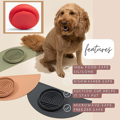 The Slowdown Bowl Silicone Slow Feeder for Dogs &amp; Puppies, Slow Eating, Modern Lick Mat Design, Reduces Gulping, Fits 2 Cups 7.5” Across x 1.5” Tall, Mealtime Challenge, Medium-Cherry