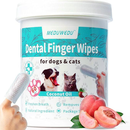 Dental Care Finger Wipes 60 Counts,Teeth Cleaning Finger Wipes for Dogs &amp; Cats,Reduces Plaque &amp; Supports Oral Freshness, Small Animal Stain Removers, Peach Scent