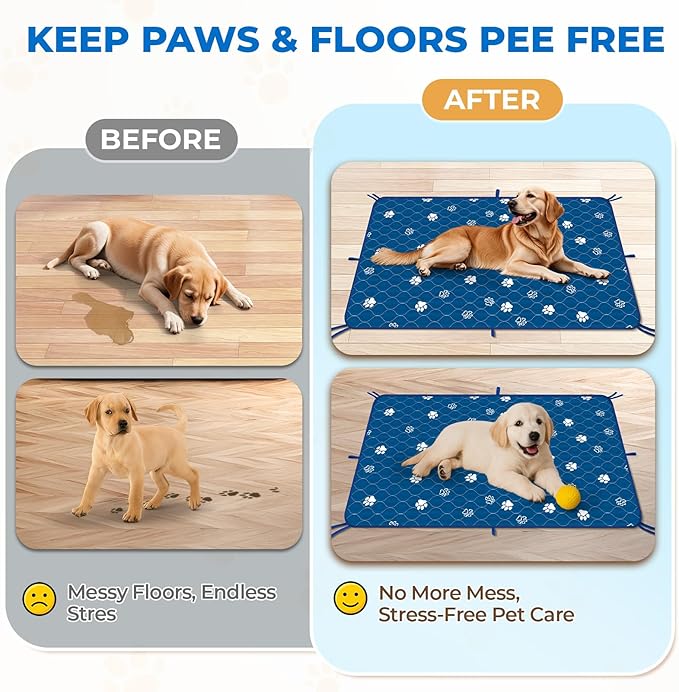 Fostanfly Washable Pee Pads for Dogs, 2 Pack Large 54"x54" Ultra-Absorbent and Leak-Proof Non-Slip Reusable Potty Training Pads for Dogs, Puppy &amp; Cats of Add 8 Lanyards-Blue