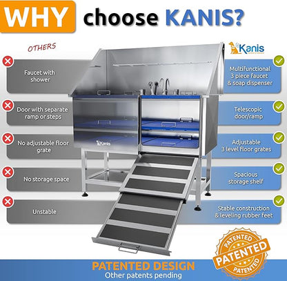 KANIS Professional Dog Washing Station - 304 Stainless Steel Pet Wash Sink &amp; Grooming Bath Tub for Home with Ramp, Shower, Floor Grate, Storage Shelf, Faucet, Drain Kit for Large, Medium &amp; Small Pets