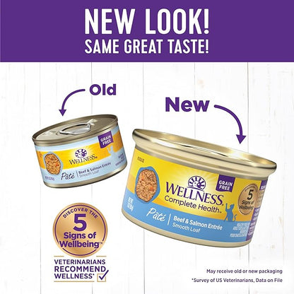 Wellness Complete Health Pate Adult Wet Cat Food, Natural, Protein-Rich, Grain Free, 3 Ounce, 24 Pack, (Beef &amp; Salmon)
