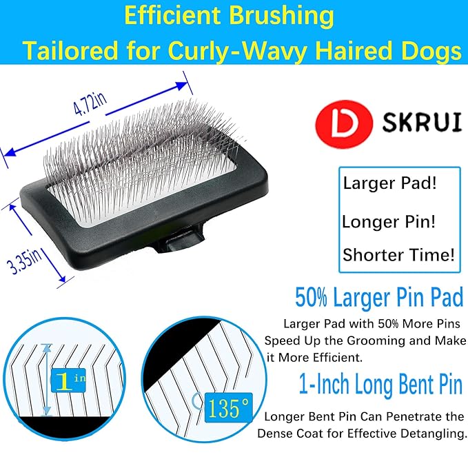 Dog Brush for Long Haired Dogs - Large Firm Slicker Brushes for Poodles, Goldendoodles &amp; Shedding Grooming - Soft Massage Stainless Steel Pins (25mm/1") - Gentle Pet Grooming Wire