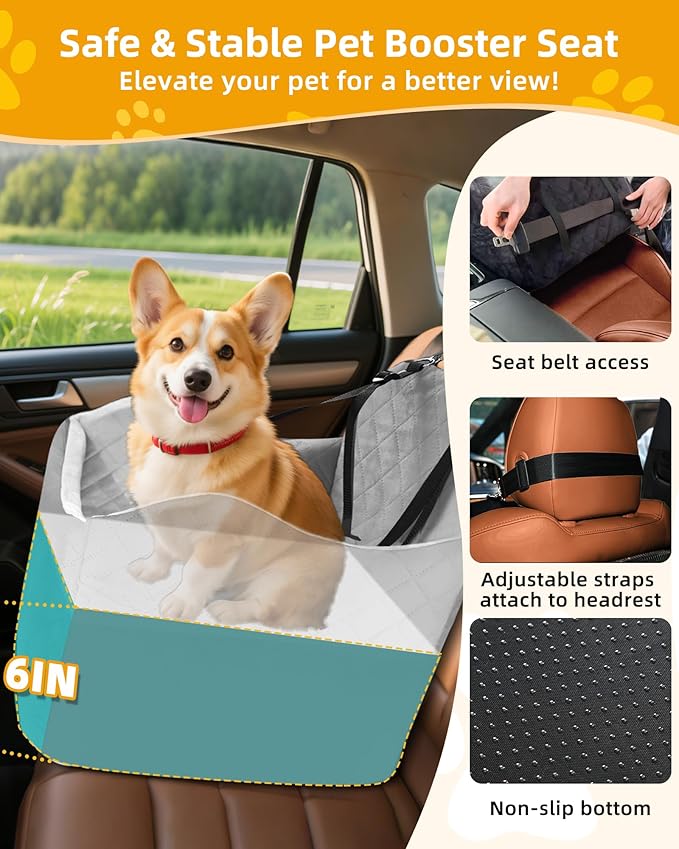 Car Seat Booster for Dog: High-Support Memory Foam Pet Car Seat for Small/Medium Dogs Under 35lbs with Elevated Cushion - Detachable Washable Puppy Travel Bed for Driving with Pockets (Grey)