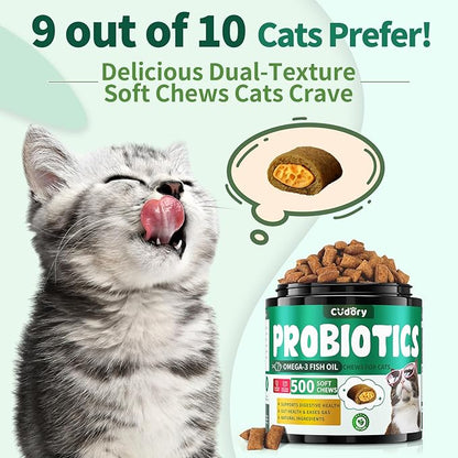 Cat Probiotics Tasty Chews for Digestive &amp; Gut Support - Crunchy &amp; Creamy Texture - Cat Gut Health, Constipation Relief, Healthy Stool, Natural Supplement for Cats, Chicken Flavor - 500 Chews