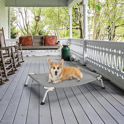 Veehoo Elevated Dog Bed for Outdoor, Cooling Waterproof Raised Dog Cots Beds for Medium Dogs, Curved Off Ground Pet Hammock Cot Lifted for Outside, up to 65lbs, White Legs, Grey 32"