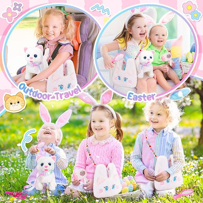 Interactive Cat Toys for Kids with Crossbody Bags, Stuffed Cat Plush with Leash Walking Meow Pretend Play Kitty Robot Pet Toy, Electronic Realistic Cute Stuff for Girls Plushies Toddler Toys