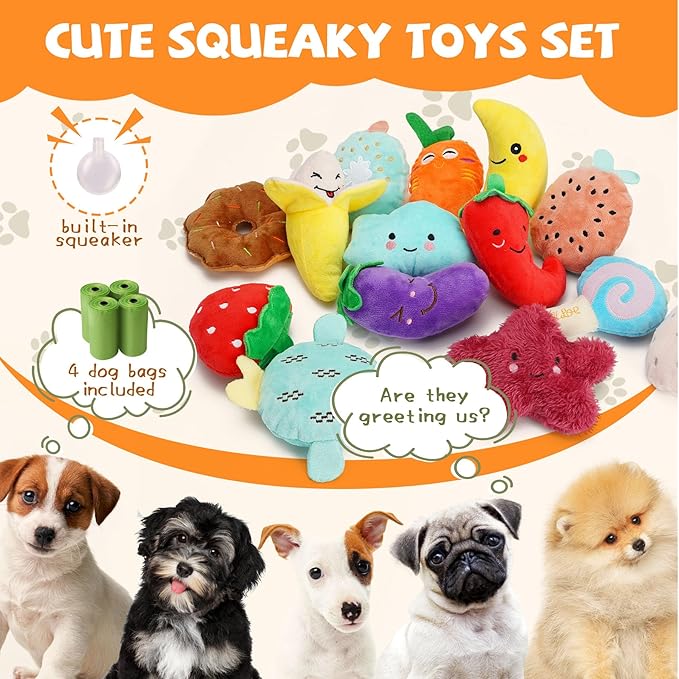 Charming Chorus 20-Pack Squeaky Dog Toys Set - Included 4 Dog Bags, Plush Puppy Toys with Irresistibly Cute Characters for Small Dogs, Interactive Dog Squeak Toys for Fun&amp;Teeth Cleaning