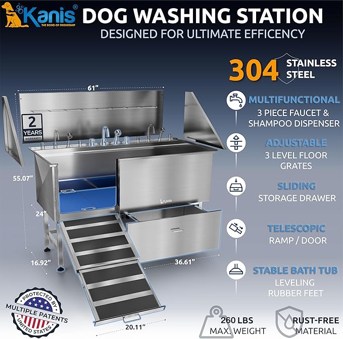 KANIS Professional Dog Washing Station - 304 Stainless Steel Pet Wash Sink &amp; Grooming Bath Tub for Home with Ramp, Shower, Floor Grate, Storage Drawer, Faucet, Drain Kit for Large, Medium &amp; Small Pets