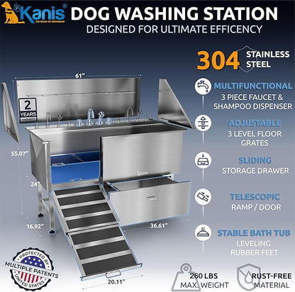 KANIS Professional Dog Washing Station - 304 Stainless Steel Pet Wash Sink &amp; Grooming Bath Tub for Home with Ramp, Shower, Floor Grate, Storage Drawer, Faucet, Drain Kit for Large, Medium &amp; Small Pets