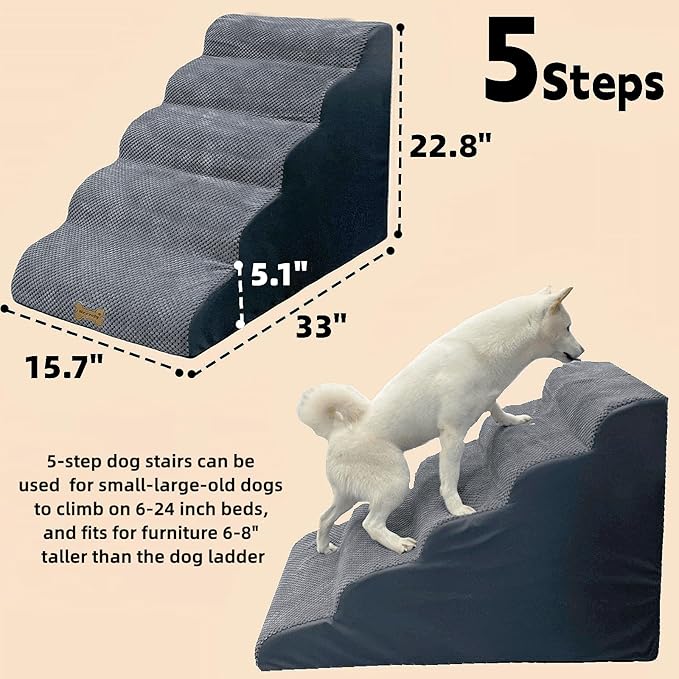 5-Step Dog Stairs for 30 Inch High Beds &amp; 20-30 Inch Couch Bed, Non-Slip Balanced Indoor Pet Ramp Stairs for Small Old Large Dogs Cats to Get on Bed 30D