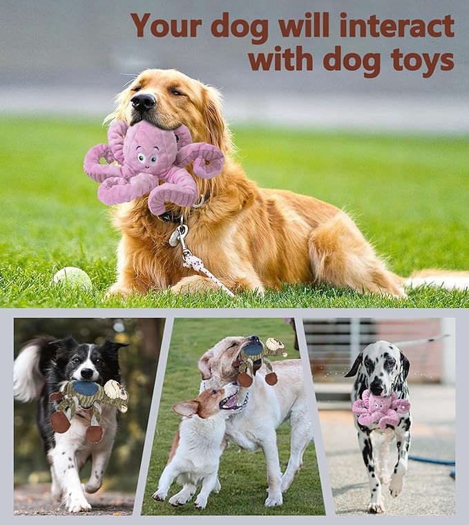 2Pack Dog Toys for Large Dog - Plush Squeaky Medium &amp; Small Dog Toys - Stuffed Animals Puppy Toys - (Monkey+Octopus Pink)