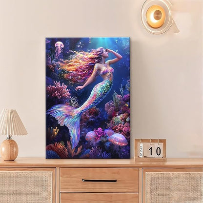 Sea Mermaid Bathroom Pictures Wall Art, Ocean Mermaid Bathroom Wall Decor, Aesthetics Framed Painting Canvas Artwork for Bedroom Living Room Decorations 24"L x 16"W