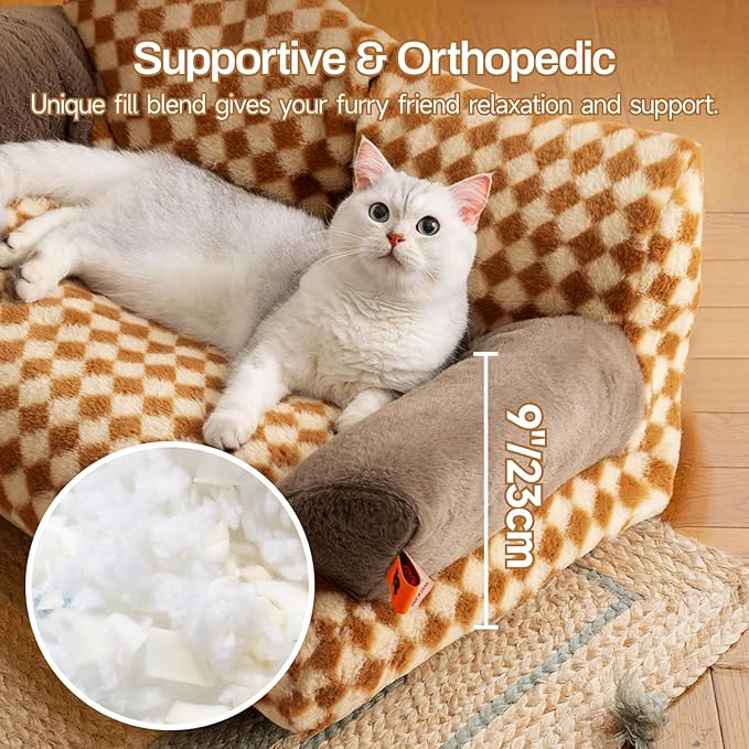 MEWOOFUN Cat Bed for Indoor Cats, Washable Dog Beds for Small Medium Dogs &amp; Cats, Fluffy Cat Couch with Non-Slip Bottom, 26×19×13 Inch (Brown, 26.0" L x 19.0" W x 13.0" Th)