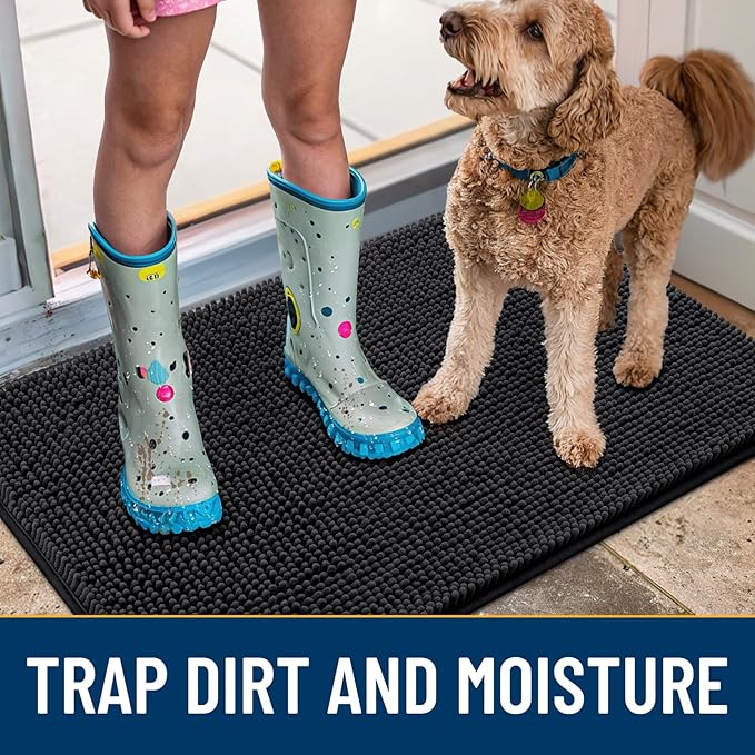 Smiry Dog Door Mat for Muddy Paws 24x16, Absorbs Moisture and Dirt Doormat, Non-Slip Washable Quick Dry Chenille Front Door Mat Indoor Entrance, Entryway Carpet for Inside Floor, Black