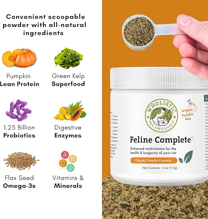 Wholistic Pet Organics Feline Complete Organic Pumpkin - 4 Oz - Multivitamin &amp; Probiotic Powder for Cats - Natural Cat Food &amp; Digestive Support