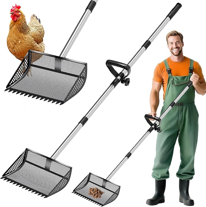 12 Inch Chicken Poop Scooper &amp; Rake 2-in-1, Large Metal Shovel Head, Rubber Handle Stainless Steel Chicken Litter Scoop for Chicken Coops, Litter Screening Scoop (35 to 65in) US Patent Pending (Black)
