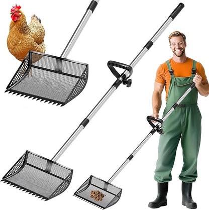 12 Inch Chicken Poop Scooper &amp; Rake 2-in-1, Large Metal Shovel Head, Rubber Handle Stainless Steel Chicken Litter Scoop for Chicken Coops, Litter Screening Scoop (35 to 65in) US Patent Pending (Black)