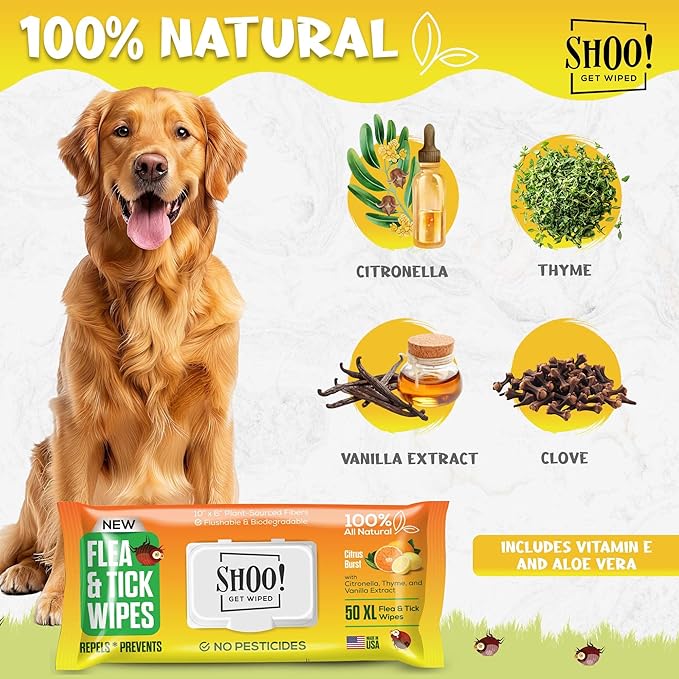 Shoo! Flea &amp; Tick Wipes for Dogs | Convenient, Easy On-The-Go Protection | Plant Based, Natural Oils, Chemical Free | Repels &amp; Prevents | 50 XL Wipes | (Citrus Burst)