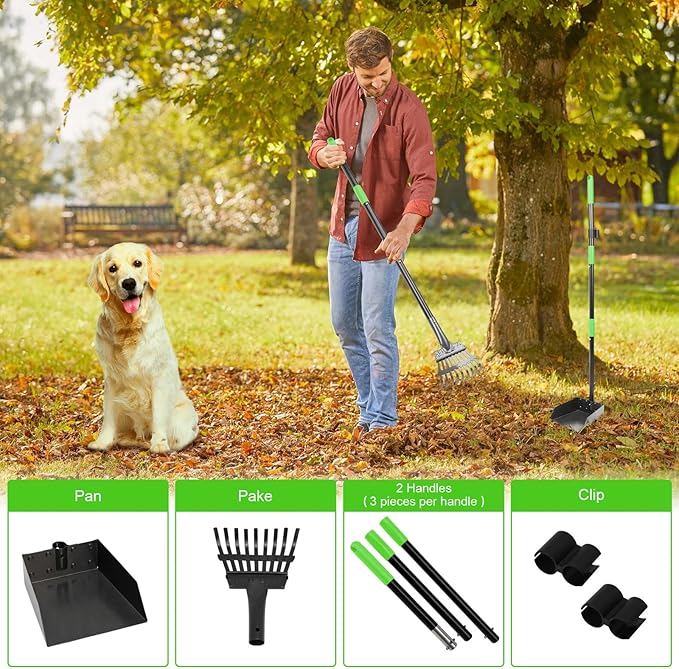 Non-Breakable Pooper Scooper, Dog Pooper Scooper Tray &amp; Rake Set with Adjustable Stainless Steel Long Handle for Large Medium Small Dogs (Green)