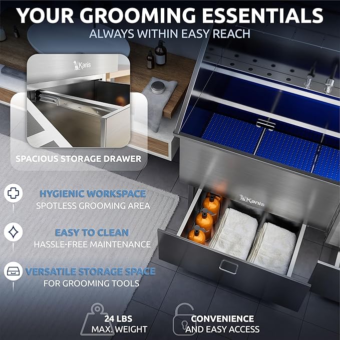 KANIS Professional Dog Washing Station - 304 Stainless Steel Pet Wash Sink &amp; Grooming Bath Tub for Home with Ramp, Shower, Floor Grate, Storage Drawer, Faucet, Drain Kit for Large, Medium &amp; Small Pets