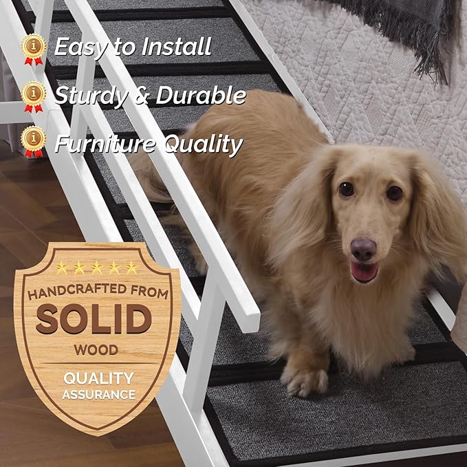 Dog Ramp for Bed or Couch, Wooden Pet Ramp with 20° Gentle Slope, Removable Side Rails, Non-Slip Surface, Top Platform &amp; Wheels, Safe Bed Ramp for Small, Medium &amp; Senior Dogs, 74" Long, White