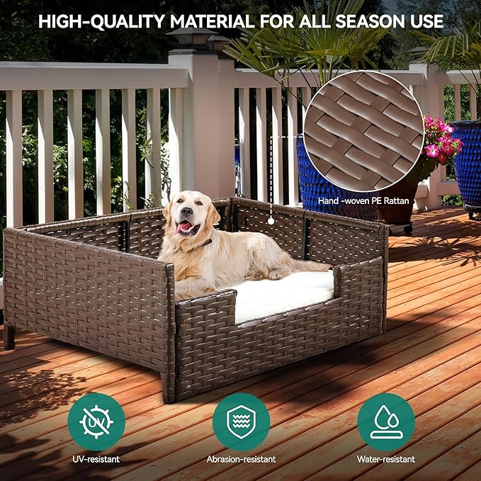 YITAHOME Rattan Dog Sofa Bed with Cushion,Wicker Pet Bed Sofa Couch Indoor Outdoor Waterproof for Large Medium Small Dogs Cats (38.6&