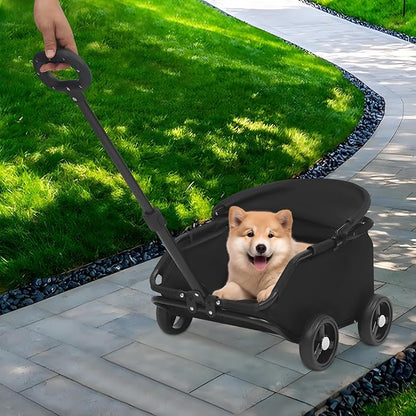 Small Dog Stroller, Pe4-Wheel Portable Dog &amp; Cat Stroller with Semi-Open Design, Foldable Pet Cart with Canopy for Small Dogs or Cats Weighing Less Than 15.43 Pounds (Black)
