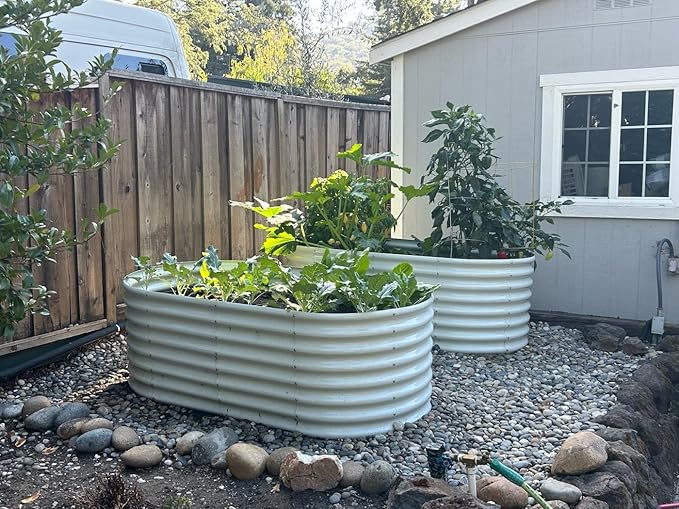 A ANLEOLIFE 8X4X2 ft Galvanized Raised Garden Beds Outdoor, Oval Large Metal Deep Root Planter Box for Planting Vegetables Flowers Herb, Anti-Rust &amp; Easy-Setup, Antique White