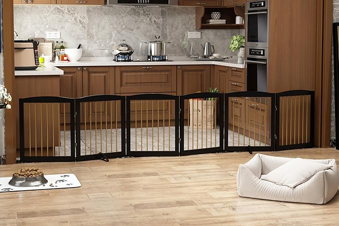 Freestanding Pet Gate for Dogs, Foldable Wooden Dog Gate for House, Extra Wide Indoor Pet Barrier for Stair, Doorway, Hall, Support Feet Included, 120 Inch Wide, 6 Panels 24",Black&amp;Gold