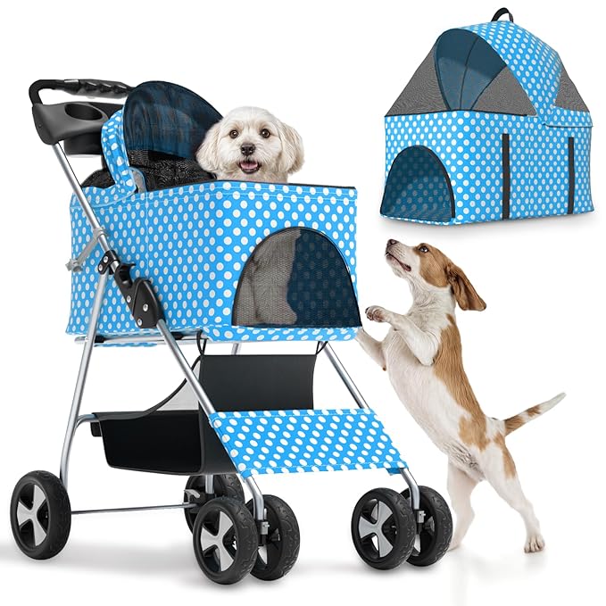 Magshion Foldable Pet Stroller, 3-in-1 Dog Travel Jogger with Detachable Carrier, Cup Holder, Storage Basket, Folding Carrier for Small/Medium Dogs &amp; Cats Up to 33 lbs, Sky Blue Polka Dots