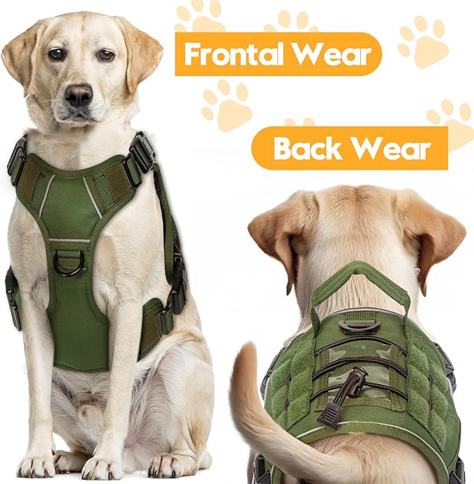 Heavy-Duty Tactical Dog Harness for Large Dogs, No Pull Adjustable Reflective Pet Vest with Molle System, K9 Military-Grade Control for Service Training, Outdoor &amp; 10+ Breeds, Green, Small