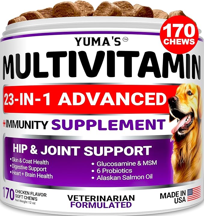Dog Multivitamin Chewable with Glucosamine - Dog Vitamins and Supplements - 170 Treats - Senior &amp; Puppy Multivitamin for Dogs - Hip &amp; Joint Support - Immune Health, Skin, Heart, Digestion, Probiotics