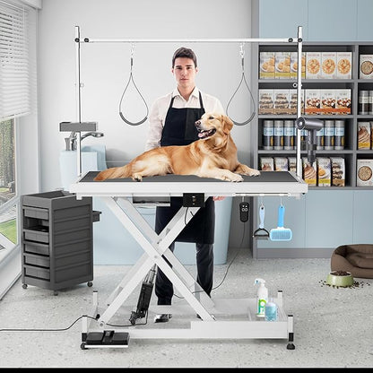 Heavy Duty Electric Lifting Pet Dog Grooming Table for Large Dogs with Overhead Arm, Anti-Skid Rubber Desktop and Powerful Motor, 50&