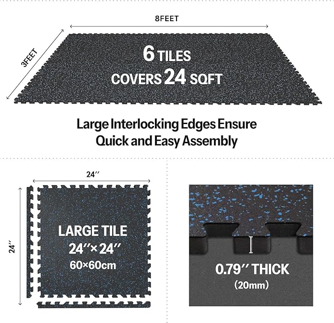 AIRHOP 0.79in Thick 24 Sq Ft Exercise Equipment Mats, 6 Tiles Upgraded Rubber Top with High Density EVA Foam, Large Interlocking Puzzle Gym Flooring for Home Gym, Heavy Weight Workout,Black &amp; Blue