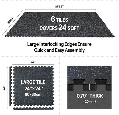 AIRHOP 0.79in Thick 24 Sq Ft Exercise Equipment Mats, 6 Tiles Upgraded Rubber Top with High Density EVA Foam, Large Interlocking Puzzle Gym Flooring for Home Gym, Heavy Weight Workout,Black &amp; Blue