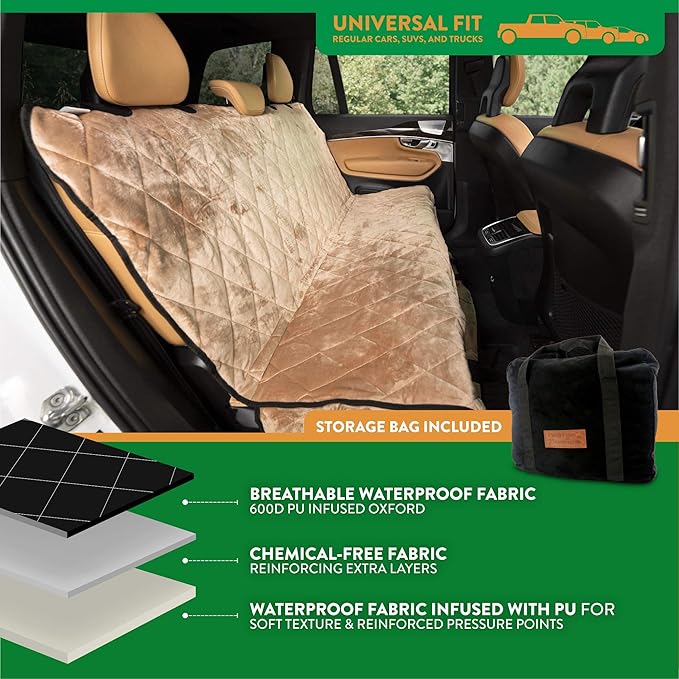 Plush Paws Products Velvet Rear Car Seat Protector w/Hammock | Washable &amp; Waterproof Back Seat Dog Cover for Car, Truck, &amp; SUV | Nonslip, Tear Resistant Pet Seat Cover | X-Large Desert Sand