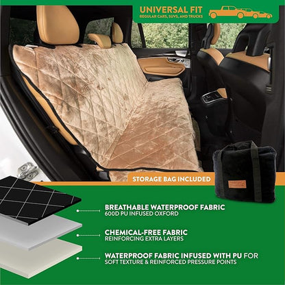 Plush Paws Products Velvet Rear Car Seat Protector w/Hammock | Washable &amp; Waterproof Back Seat Dog Cover for Car, Truck, &amp; SUV | Nonslip, Tear Resistant Pet Seat Cover | X-Large Desert Sand