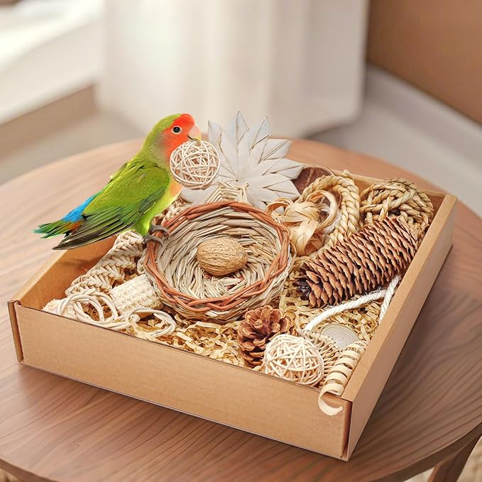 Natural Bird Foraging &amp; Shredding Toys Box - Handmade Rattan Chewing Toys for Parakeets, Cockatiels, Conures, Lovebirds &amp; Small to Medium Birds