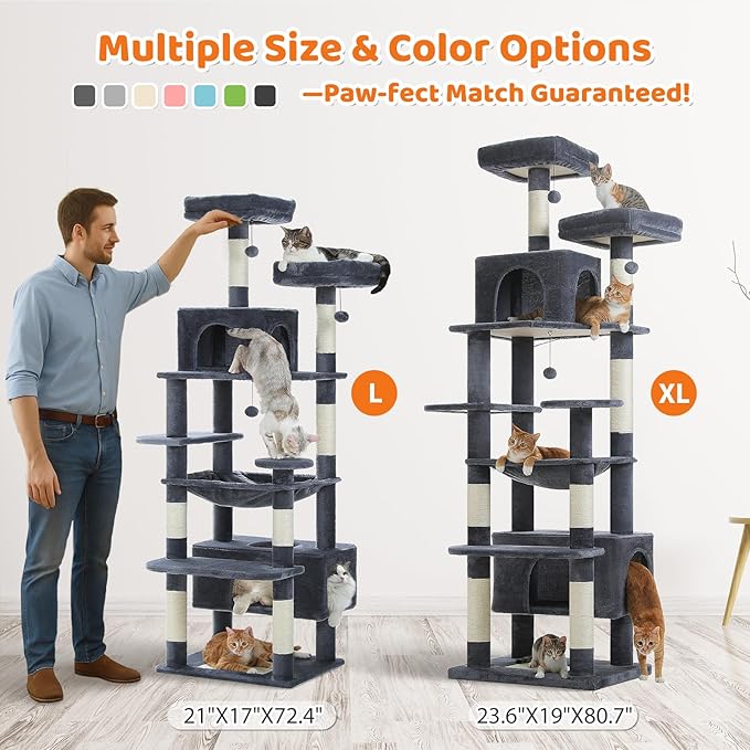 PAWZ Road Large Cat Tree, 72 Inches Cat Tower for Large Cats, Cat Condo with Sisal-Covered Scratching Posts and Pads, 2 Padded Perch, Dual Condo and Basket for Indoor Cats-Dark Gray