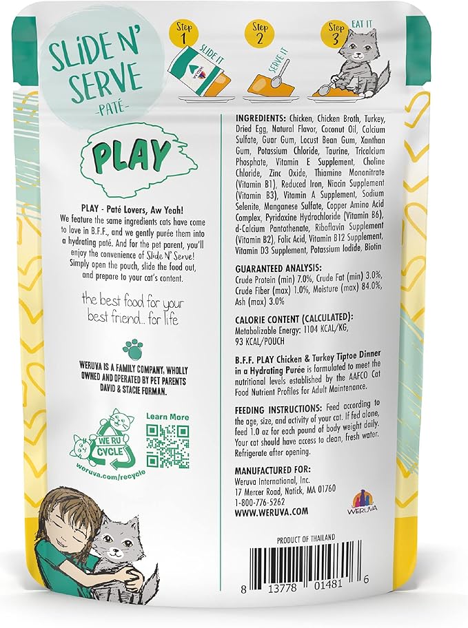 B.F.F. PLAY - Best Feline Friend Paté Lovers, Aw Yeah!, Chicken &amp; Turkey Tiptoe with Chicken &amp; Turkey, 3oz Pouch (Pack of 12)