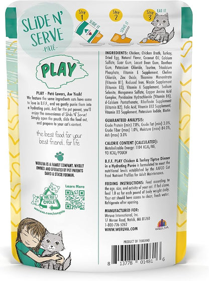 B.F.F. PLAY - Best Feline Friend Paté Lovers, Aw Yeah!, Chicken &amp; Turkey Tiptoe with Chicken &amp; Turkey, 3oz Pouch (Pack of 12)
