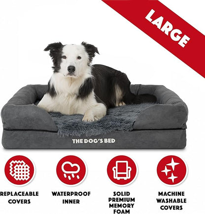 The Dog’s Bed, Large Grey Fur, Memory Foam, Pain Relief: Arthritis, Hip &amp; Elbow Dysplasia, Post Surgery, Lameness, Supportive, Calming, Waterproof Washable Cover, Veterinary Approved