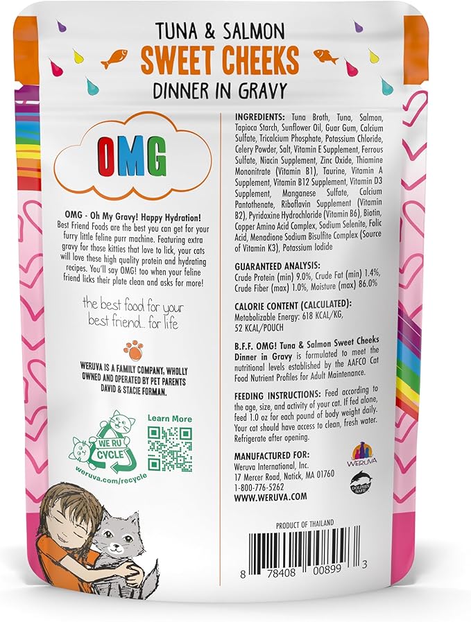 Weruva B.F.F. OMG - Best Feline Friend Oh My Gravy!, Tuna &amp; Salmon Sweet Cheeks with Tuna &amp; Salmon in Gravy Cat Food, 3oz Pouch (Pack of 12)