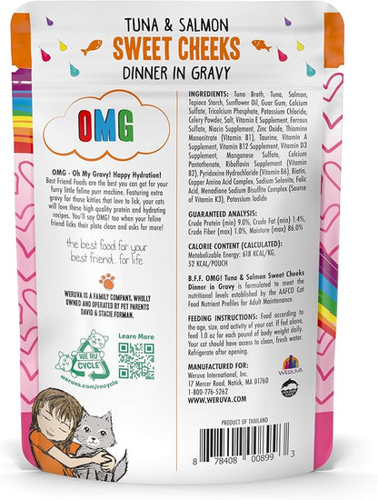 Weruva B.F.F. OMG - Best Feline Friend Oh My Gravy!, Tuna &amp; Salmon Sweet Cheeks with Tuna &amp; Salmon in Gravy Cat Food, 3oz Pouch (Pack of 12)
